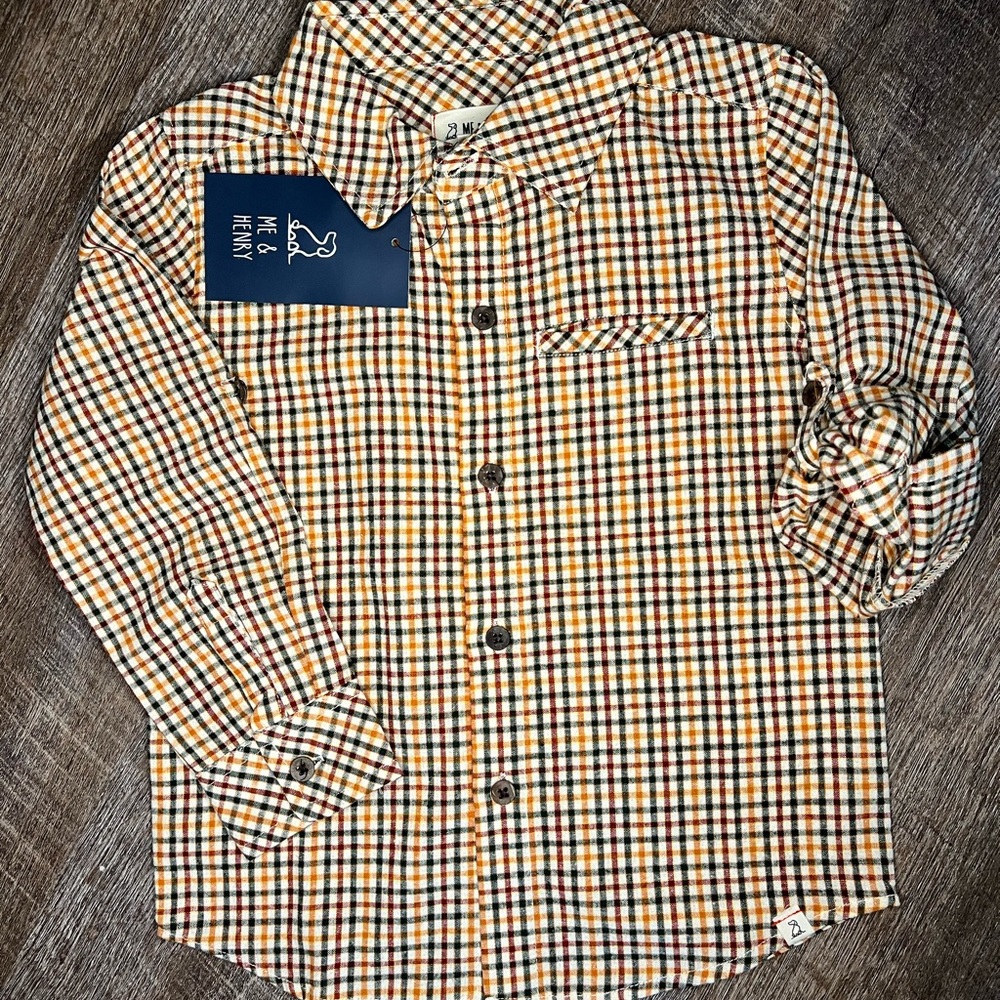 Me & Henry- Green and Gold Woven Plaid Shirt
